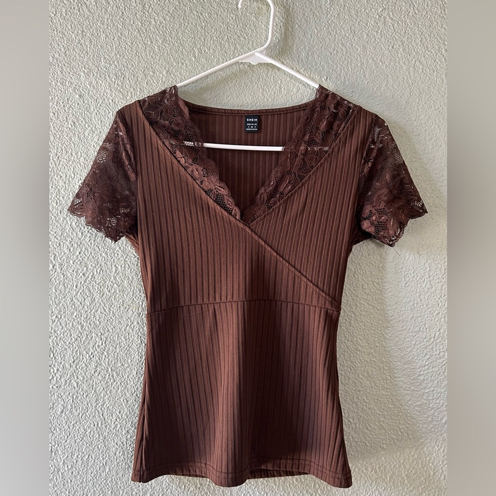 SHEIN Brown Ribbed Wrap Dress with Flutter Sleeves